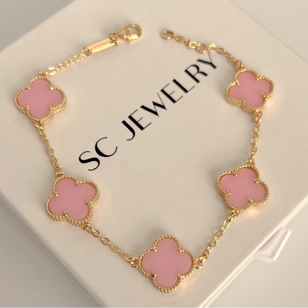 Hot Pink Clover Bracelet 5 Motif Double Sided Luxury Jewelry